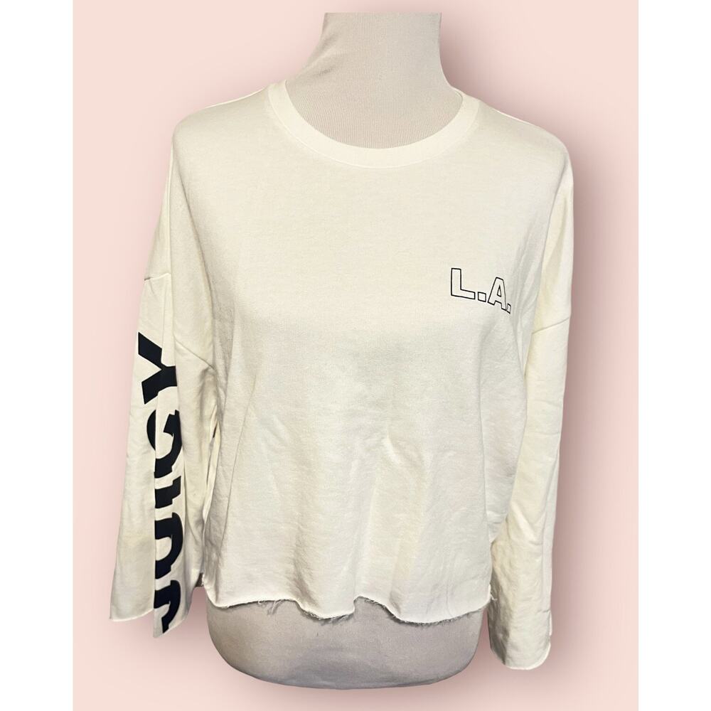 Juicy Couture LA Sweatshirt •L• White Long Sleeve French Terry Raw Hem Spell Out